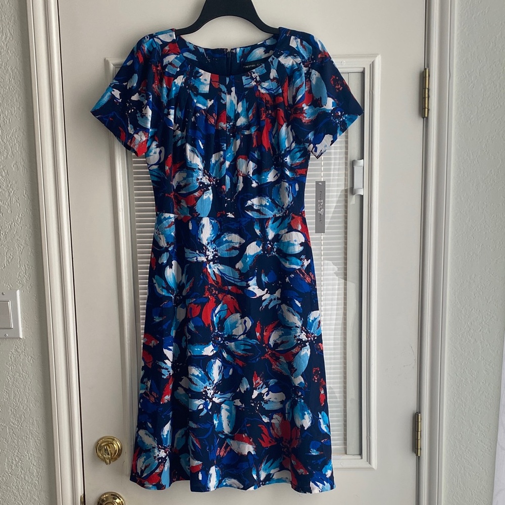 Preston & York Navy Floral Fit-and-Flare Midi Dress with Red and White Accents